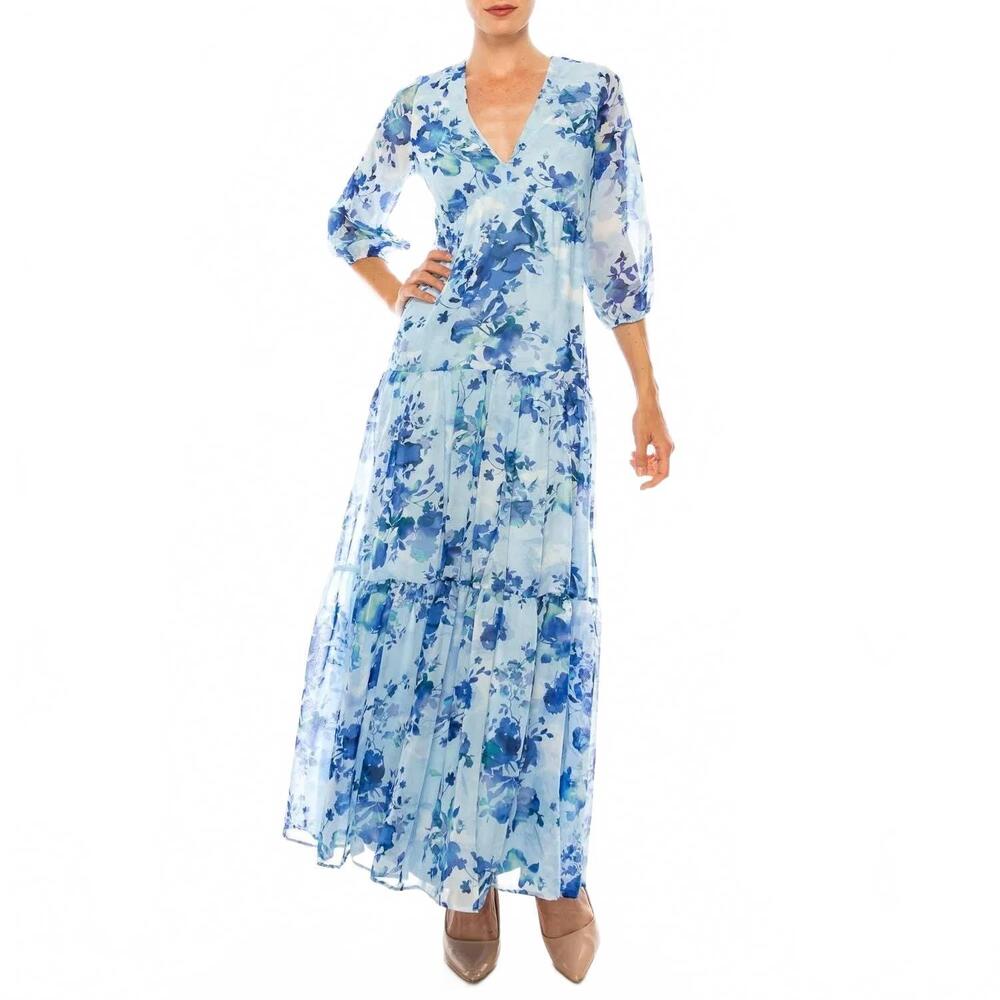 NEW NEW YORKER'S APPAREL floral print tiered maxi dress in ivory aqua